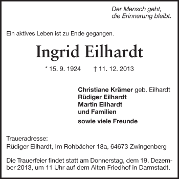 Traueranzeige von Ingrid Eilhardt von Echo-Zeitungen (Gesamtausgabe)