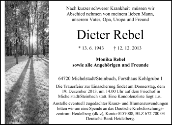 Traueranzeige von Dieter Rebel von Odenwälder Echo