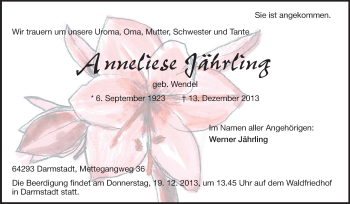 Traueranzeige von Anneliese Jährling von Echo-Zeitungen (Gesamtausgabe)