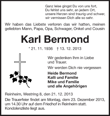 Traueranzeige von Karl Bermond von Echo-Zeitungen (Gesamtausgabe)