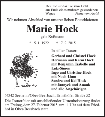 Traueranzeige von Marie Hock von Echo-Zeitungen (Gesamtausgabe)