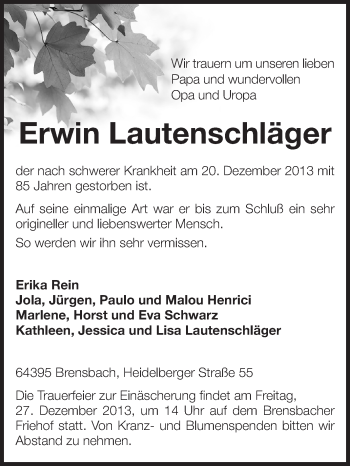 Traueranzeige von Erwin Lautenschläger von Echo-Zeitungen (Gesamtausgabe)