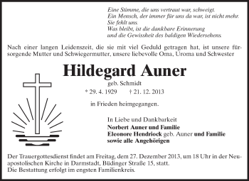 Traueranzeige von Hildegard Auner von Echo-Zeitungen (Gesamtausgabe)