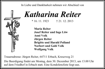 Traueranzeige von Katharina Reiter von Odenwälder Echo