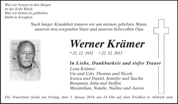 Traueranzeige von Werner Krämer von Echo-Zeitungen (Gesamtausgabe)