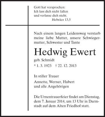Traueranzeige von Hedwig Ewert von Echo-Zeitungen (Gesamtausgabe)
