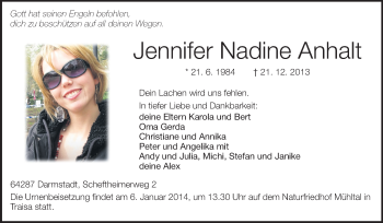 Traueranzeige von Jennifer Nadine Anhalt von Echo-Zeitungen (Gesamtausgabe)