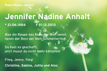 Traueranzeige von Jennifer Nadine Anhalt von Echo-Zeitungen (Gesamtausgabe)