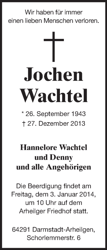Traueranzeige von Jochen Wachtel von Echo-Zeitungen (Gesamtausgabe)