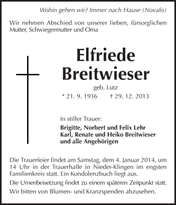 Traueranzeige von Elfriede Breitwieser von Echo-Zeitungen (Gesamtausgabe)