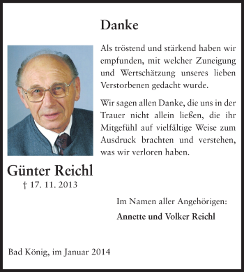 Traueranzeige von Günter Reichl von Echo-Zeitungen (Gesamtausgabe)