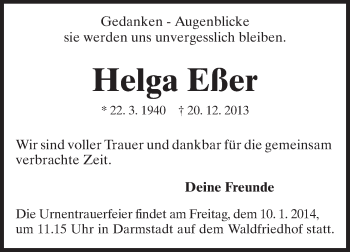 Traueranzeige von Helga Eßer von Echo-Zeitungen (Gesamtausgabe)