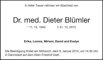 Traueranzeige von Dieter Blümler von Darmstädter Echo, Odenwälder Echo, Rüsselsheimer Echo, Groß-Gerauer-Echo, Ried Echo
