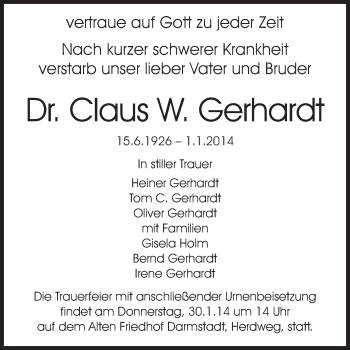 Traueranzeige von Claus Gerhardt von Echo-Zeitungen (Gesamtausgabe)