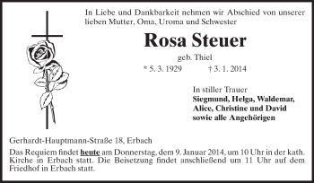 Traueranzeige von Rosa Steuer von Odenwälder Echo