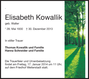 Traueranzeige von Elisabeth Kowallik von Echo-Zeitungen (Gesamtausgabe)
