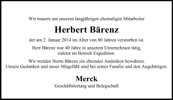Traueranzeige von Herbert Bärenz von Echo-Zeitungen (Gesamtausgabe)