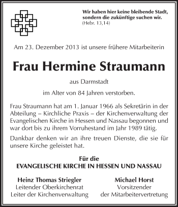 Traueranzeige von Hermine Straumann von Echo-Zeitungen (Gesamtausgabe)