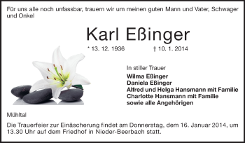 Traueranzeige von Karl Eßinger von Echo-Zeitungen (Gesamtausgabe)
