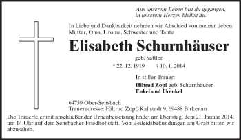 Traueranzeige von Elisabeth Schurnhäuser von Odenwälder Echo
