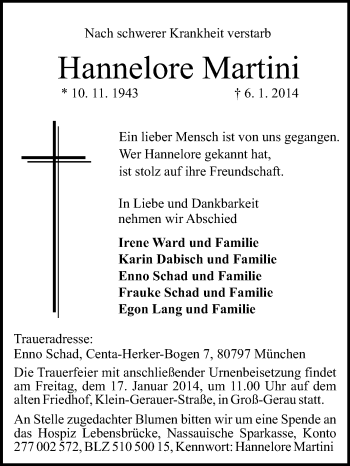 Traueranzeige von Hannelore Martini von Rüsselsheimer Echo, Groß-Gerauer-Echo, Ried Echo