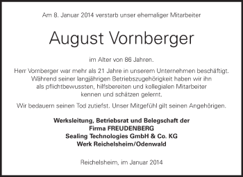 Traueranzeige von August Vornberger von Odenwälder Echo