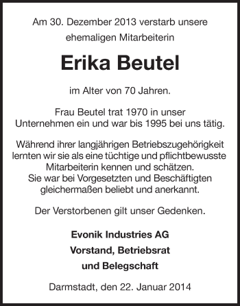 Traueranzeige von Erika Beutel von Echo-Zeitungen (Gesamtausgabe)