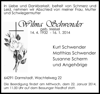 Traueranzeige von Wilma Schwender von Echo-Zeitungen (Gesamtausgabe)