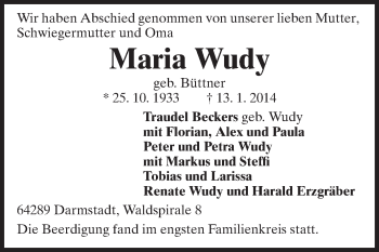 Traueranzeige von Maria Wudy von Echo-Zeitungen (Gesamtausgabe)