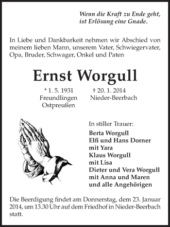 Traueranzeige von Ernst Worgull von Echo-Zeitungen (Gesamtausgabe)