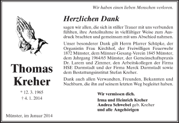 Traueranzeige von Thomas Kreher von Echo-Zeitungen (Gesamtausgabe)