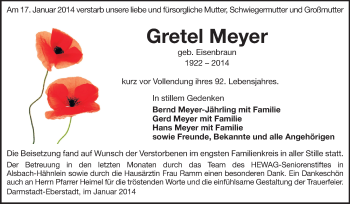 Traueranzeige von Gretel Meyer von Echo-Zeitungen (Gesamtausgabe)