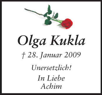 Traueranzeige von Olga Kukla von Echo-Zeitungen (Gesamtausgabe)