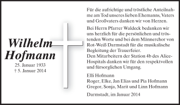 Traueranzeige von Wilhelm Hofmann von Echo-Zeitungen (Gesamtausgabe)
