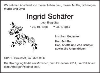 Traueranzeige von Ingrid Schäfer von Echo-Zeitungen (Gesamtausgabe)
