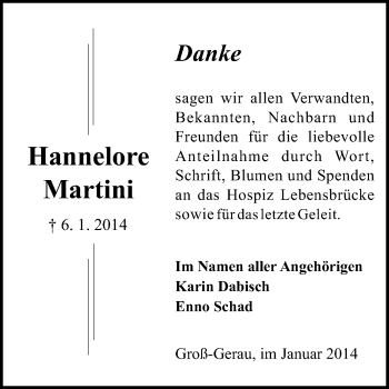 Traueranzeige von Hannelore Martini von Rüsselsheimer Echo, Groß-Gerauer-Echo, Ried Echo