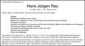 Traueranzeige von Hans Jürgen Rau von Echo-Zeitungen (Gesamtausgabe)