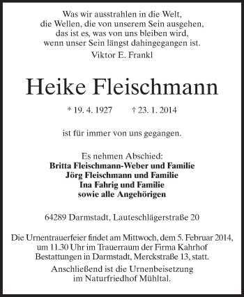 Traueranzeige von Heike Fleischmann von Echo-Zeitungen (Gesamtausgabe)