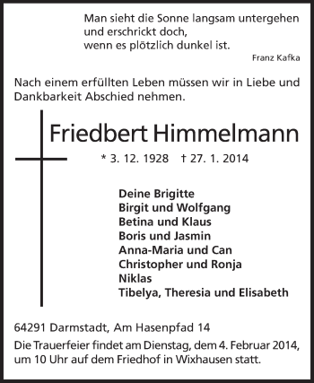 Traueranzeige von Friedbert Himmelmann von Echo-Zeitungen (Gesamtausgabe)