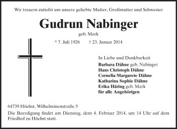 Traueranzeige von Gudrun Nabinger von Odenwälder Echo