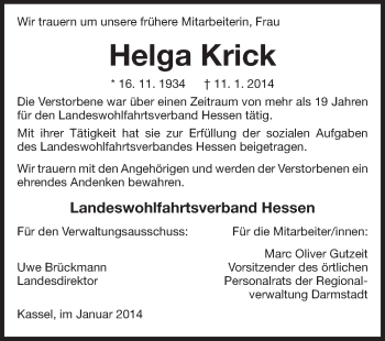 Traueranzeige von Helga Krick von Echo-Zeitungen (Gesamtausgabe)