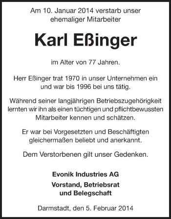 Traueranzeige von Karl Eßinger von Echo-Zeitungen (Gesamtausgabe)