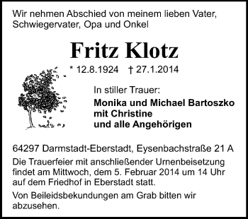 Traueranzeige von Fritz Klotz von Echo-Zeitungen (Gesamtausgabe)
