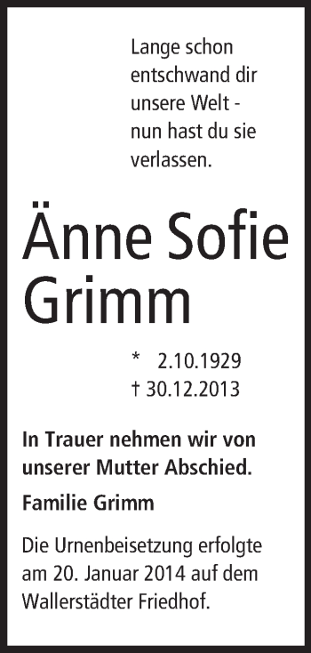 Traueranzeige von Änne Sofie von Rüsselsheimer Echo, Groß-Gerauer-Echo, Ried Echo
