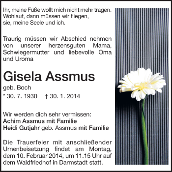 Traueranzeige von Gisela Assmus von Echo-Zeitungen (Gesamtausgabe)