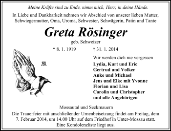 Traueranzeige von Greta Rösinger von Odenwälder Echo