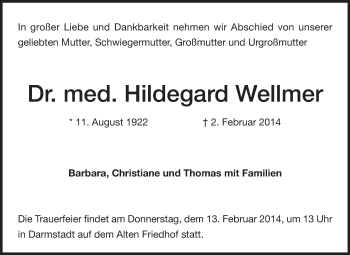 Traueranzeige von Hildegard Wellmer von Darmstädter Echo, Odenwälder Echo, Rüsselsheimer Echo, Groß-Gerauer-Echo, Ried Echo