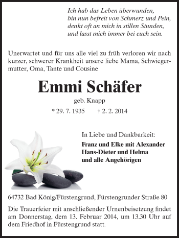 Traueranzeige von Emmi Schäfer von Odenwälder Echo