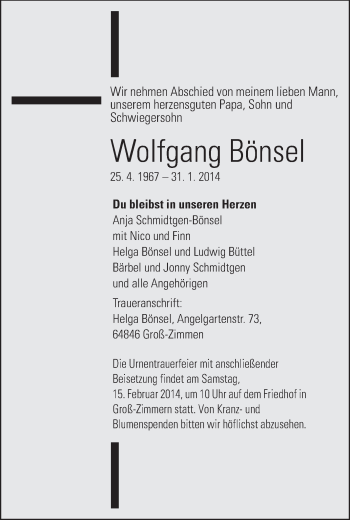 Traueranzeige von Wolfgang Bönsel von Echo-Zeitungen (Gesamtausgabe)