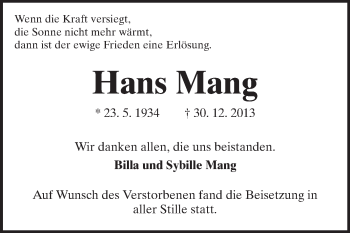 Traueranzeige von Hans Mang von Starkenburger Echo